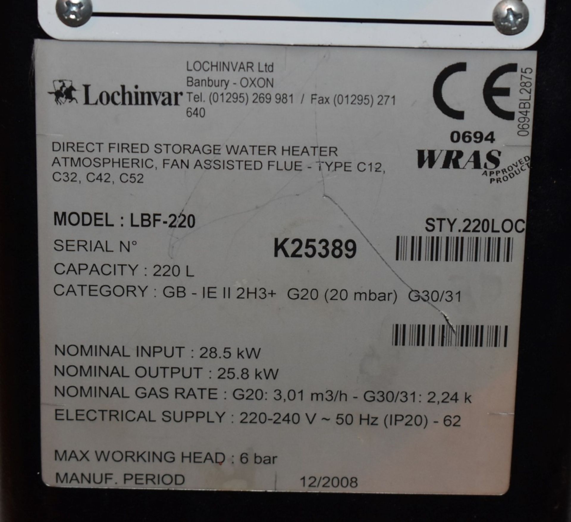 1 x Lochinvar High Efficiency Gas Fired 220L Storage Water Heater - Model LBF-220 - Ref: WH2-144 H5D - Image 9 of 19