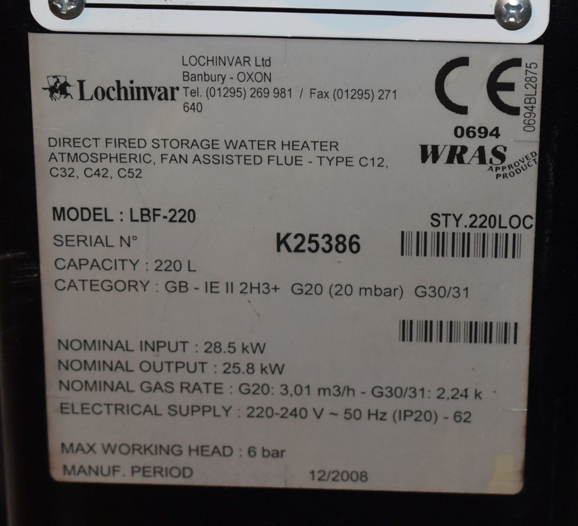 1 x Lochinvar High Efficiency Gas Fired 220L Storage Water Heater - Model LBF-220 - Ref: WH2-145 H5D - Image 11 of 14