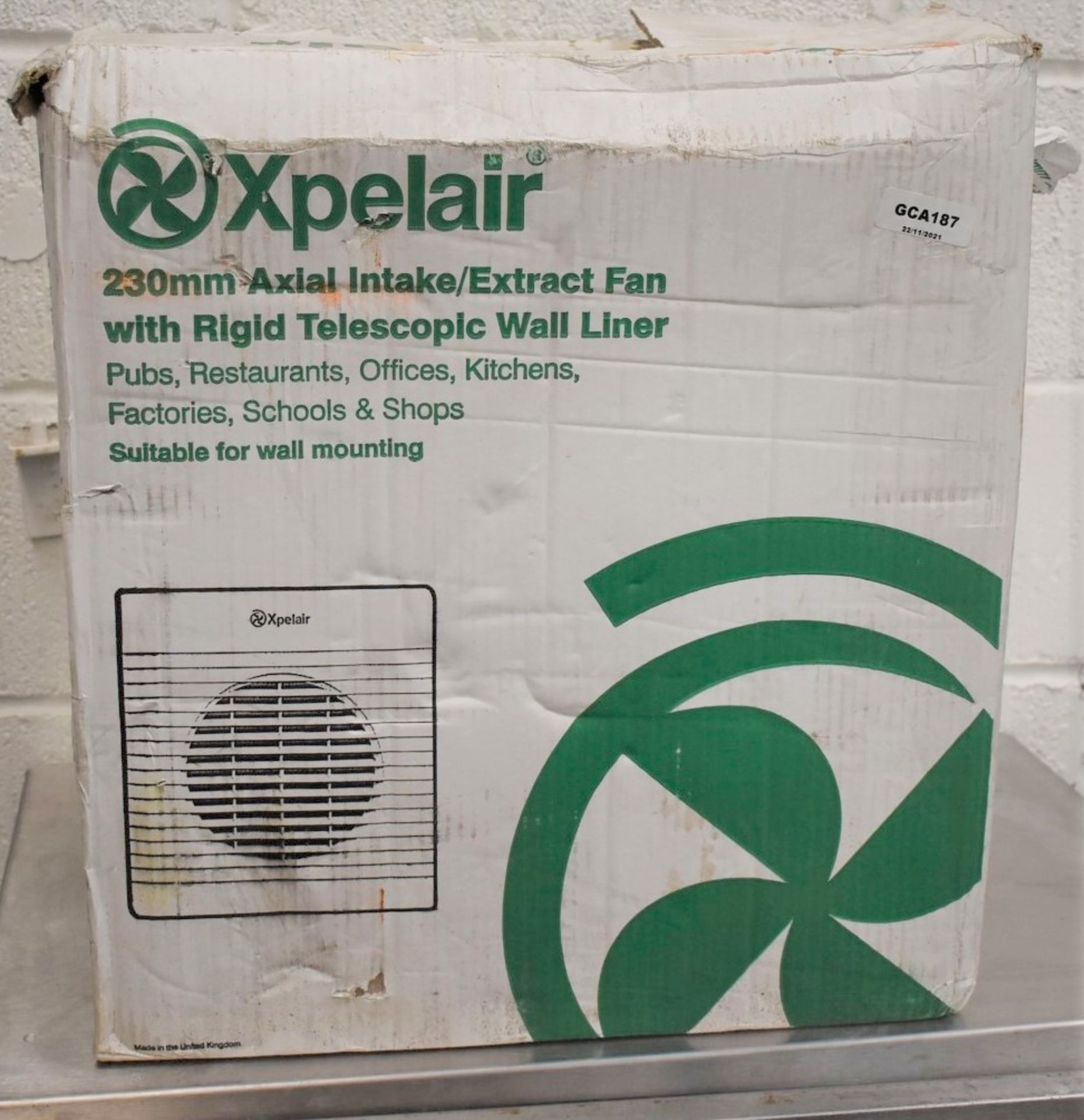1 x Xpelair WX9 225mm Flush Commercial Wall Axial Fan With Rigid Telescopic Wall Liner - Unused With