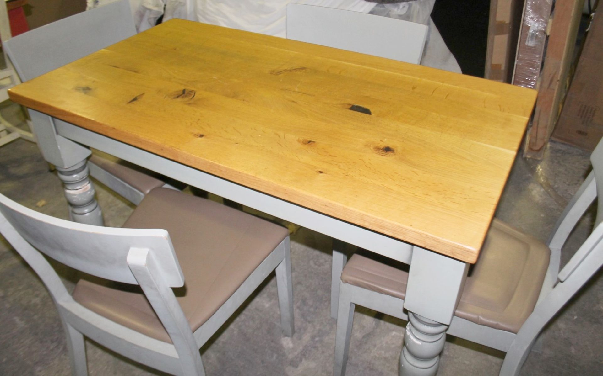 1 x Solid Wood Farmhouse Dining Table With 4 x Chairs Features Solid Oak Table Top and Upholstered - Image 2 of 6