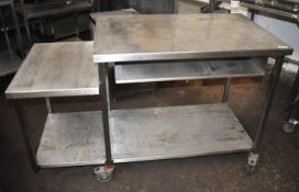 1 x Stainless Steel Prep Table on Castors Features High and Low Prep Surfaces With Undershelves -