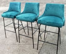 3 x Commercial Upholstered Bar Stools In A Bright Blue/Teal Velvet - Removed From A London Store
