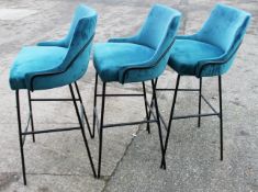 3 x Commercial Upholstered Bar Stools In A Bright Blue Velvet - Recently Removed From A London Store