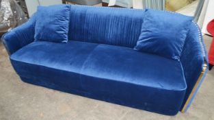 1 x Bespoke Blue Velvet Button-Back Sofa In A Rich Royal Blue Velvet With Detailing In Gold