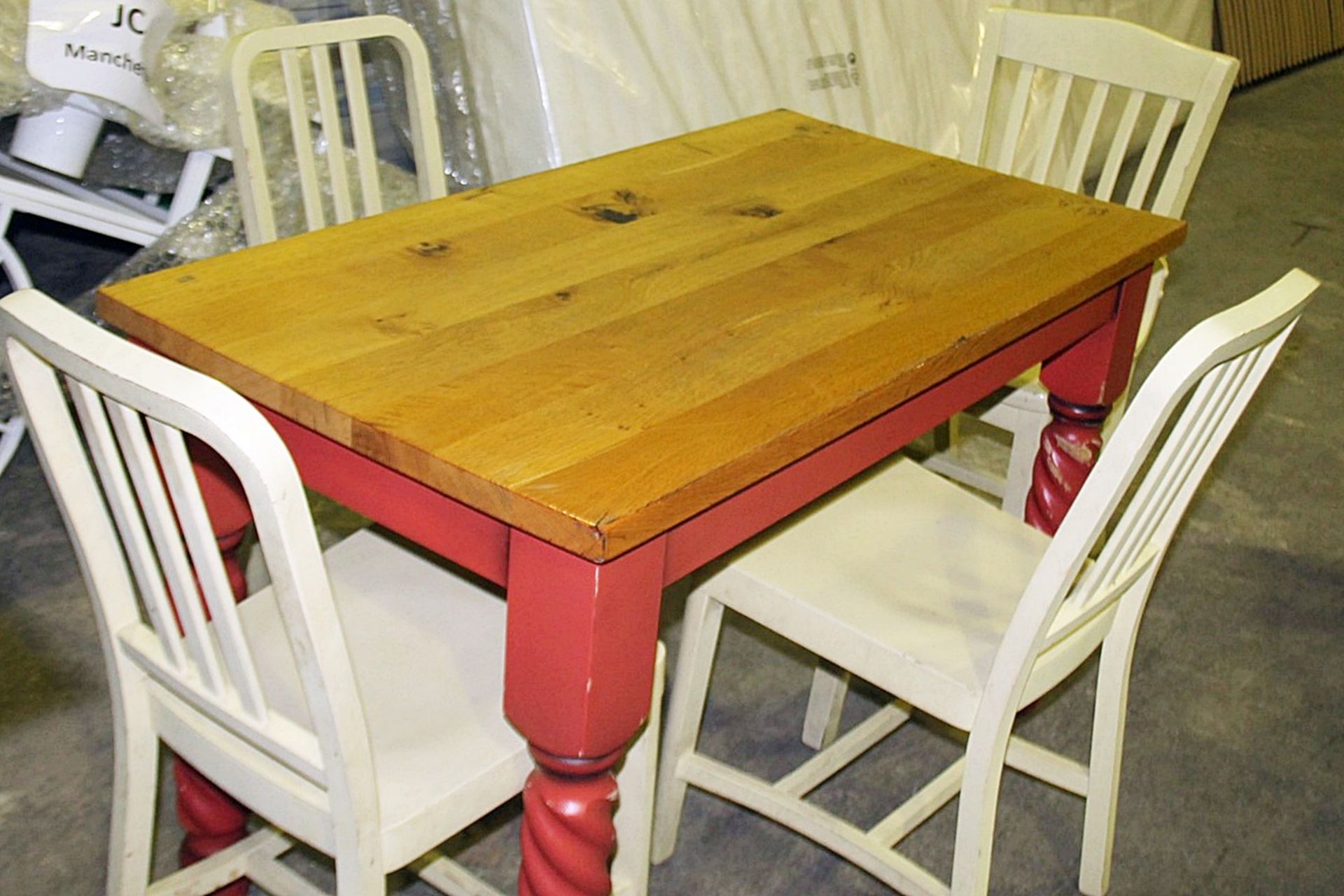 1 x Solid Wood Farmhouse Dining Table in Red With 4 x Chairs - Features A Solid Oak Table Top - Image 6 of 6