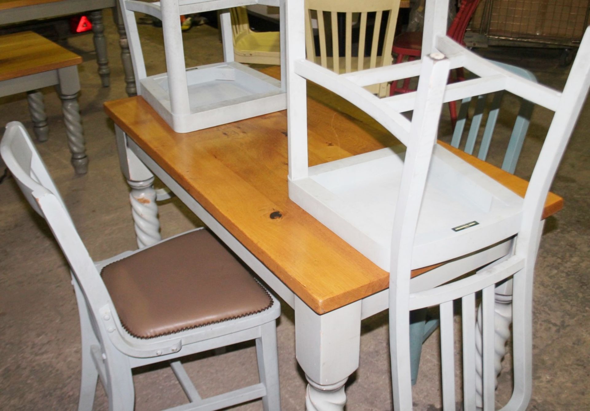 1 x Solid Wood Bistro Table With Turned Legs 4 x Mix-matched Chairs - Image 2 of 4