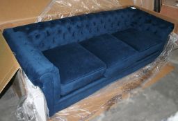 1 x Button-back 3-Seater Sofa In A Deep Blue Velvet Fabric, Includes 4 x Wooden Legs - Unused