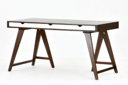 1 x Blue Suntree Ellwood Trestle Desk With a Dark Walnut Finish and Three White Storage Drawers -