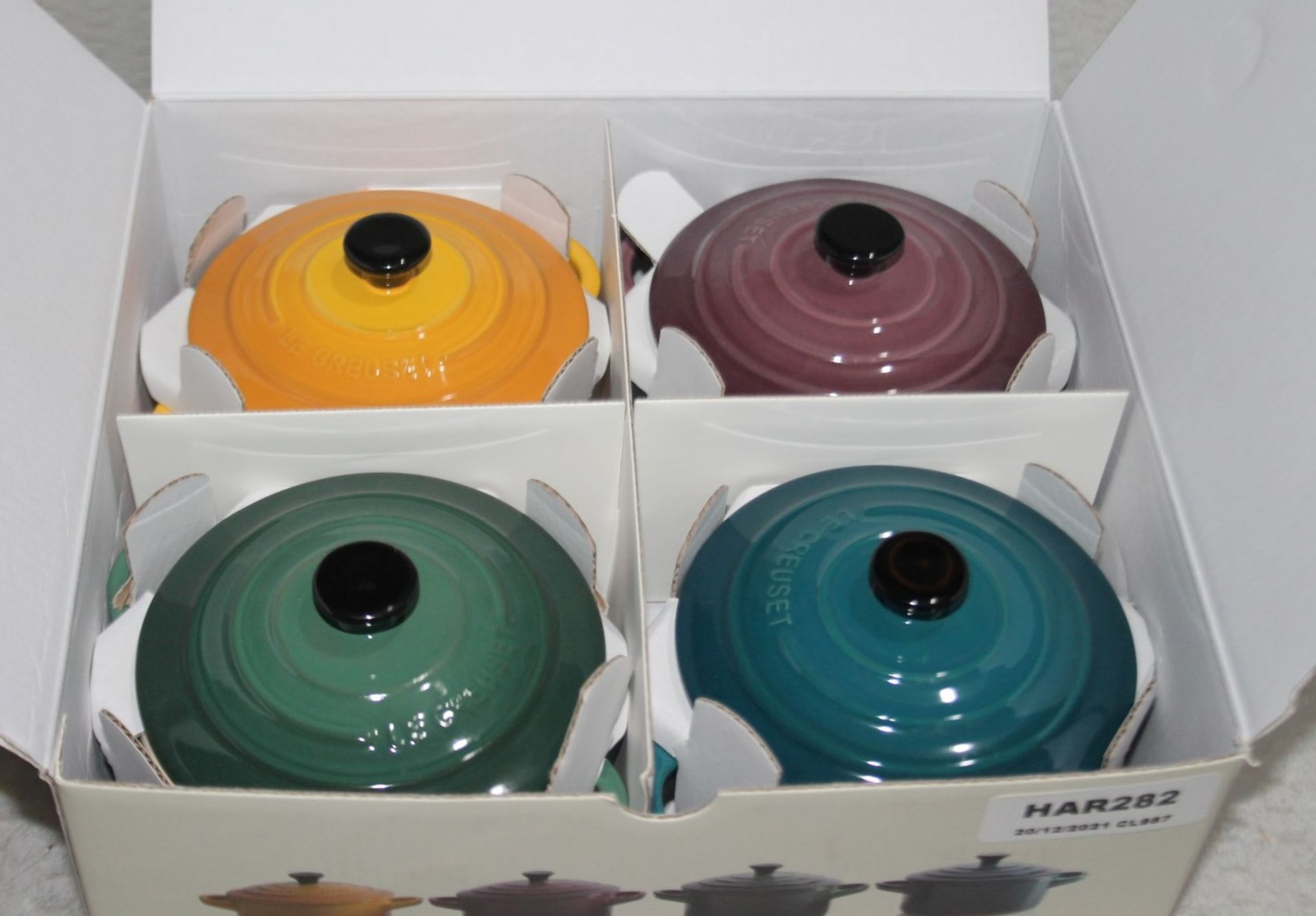 Set of 4 x LE CREUSET 'Botanique' Stoneware Mini Cocottes With Lids *Read Description* Ref: HAR282/ - Image 4 of 7