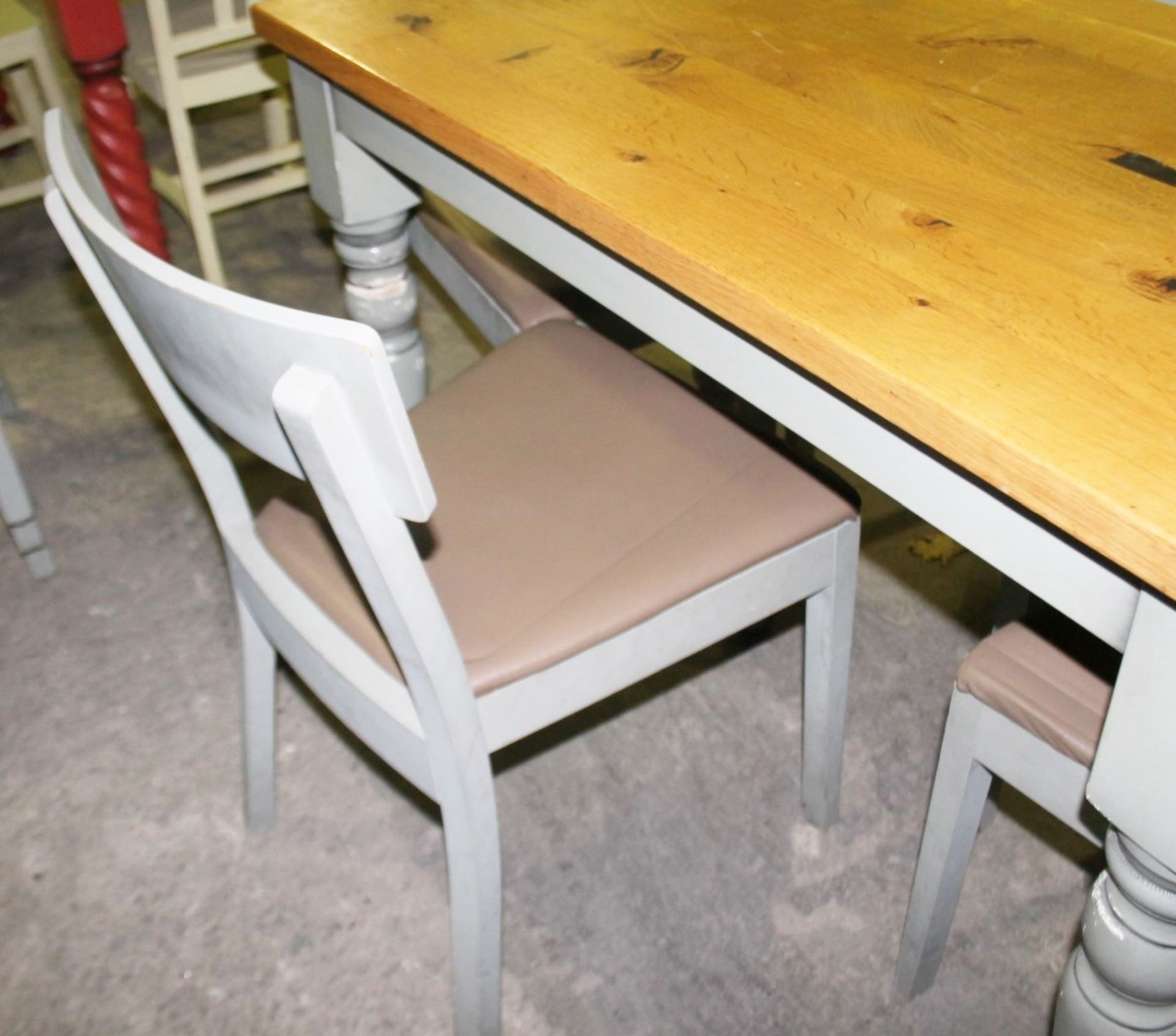 1 x Solid Wood Farmhouse Dining Table With 4 x Chairs Features Solid Oak Table Top and Upholstered - Image 3 of 6