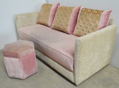 1 x Upholstered Sofa With 3 x Cushions, Pale Pink Seat Cushion With Matching Footstool - Ref: HMS104