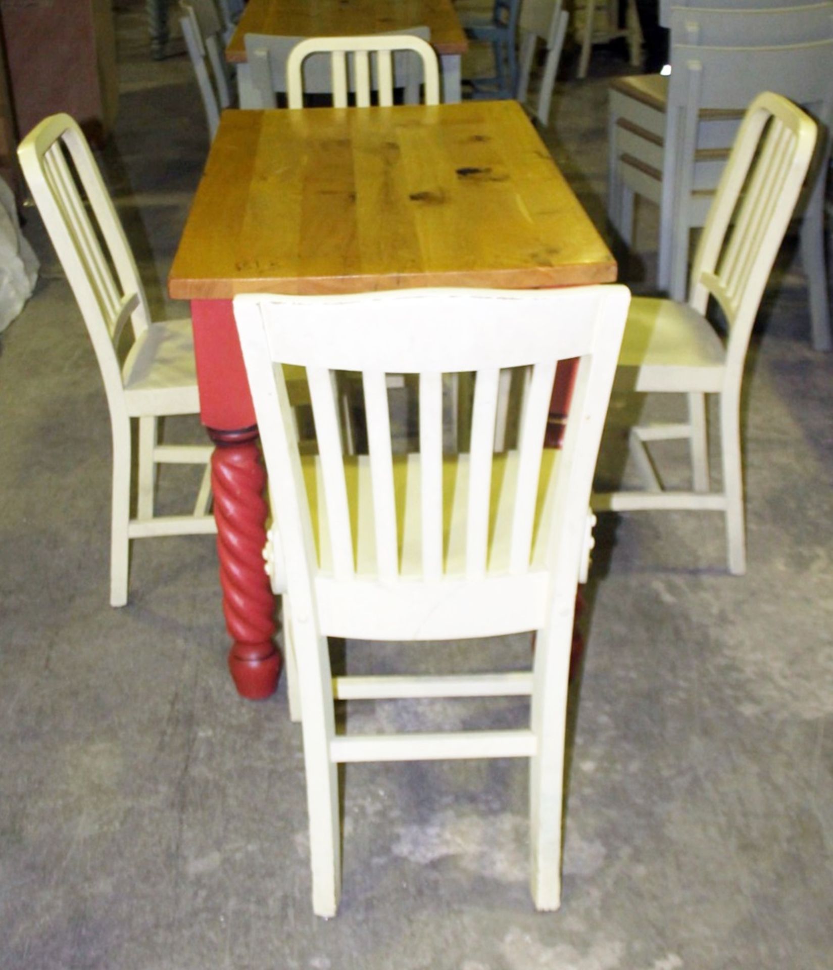 1 x Solid Wood Farmhouse Dining Table in Red With 4 x Chairs - Features A Solid Oak Table Top - Image 2 of 6