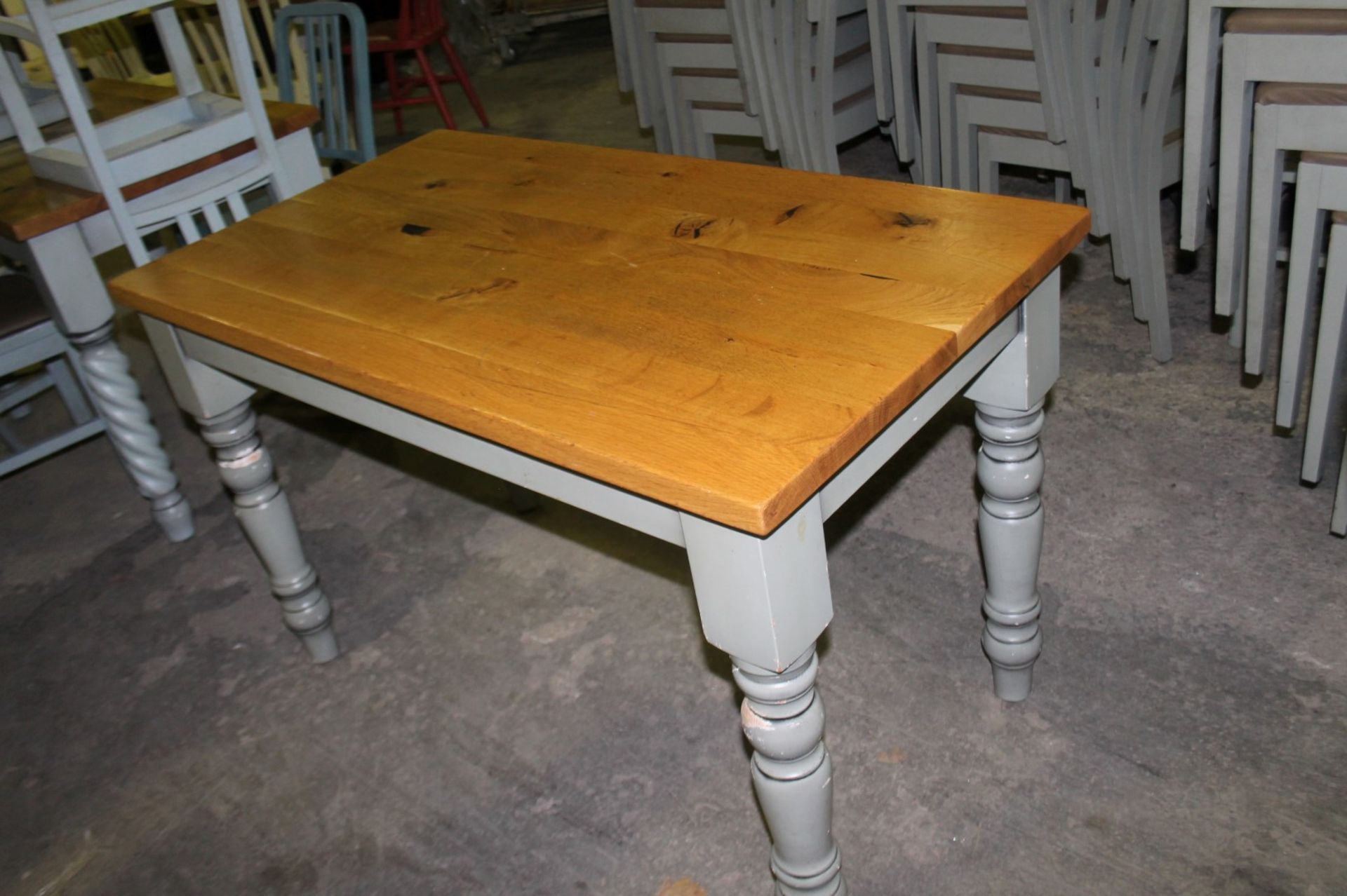 1 x Solid Wood Farmhouse Dining Table With 4 x Chairs Features Solid Oak Table Top and Upholstered - Image 3 of 6