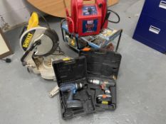 Selection of Tools to include Petrol Generator, Sealey RS105 Road Start Jump Pack, Dewalt Chop Saw &