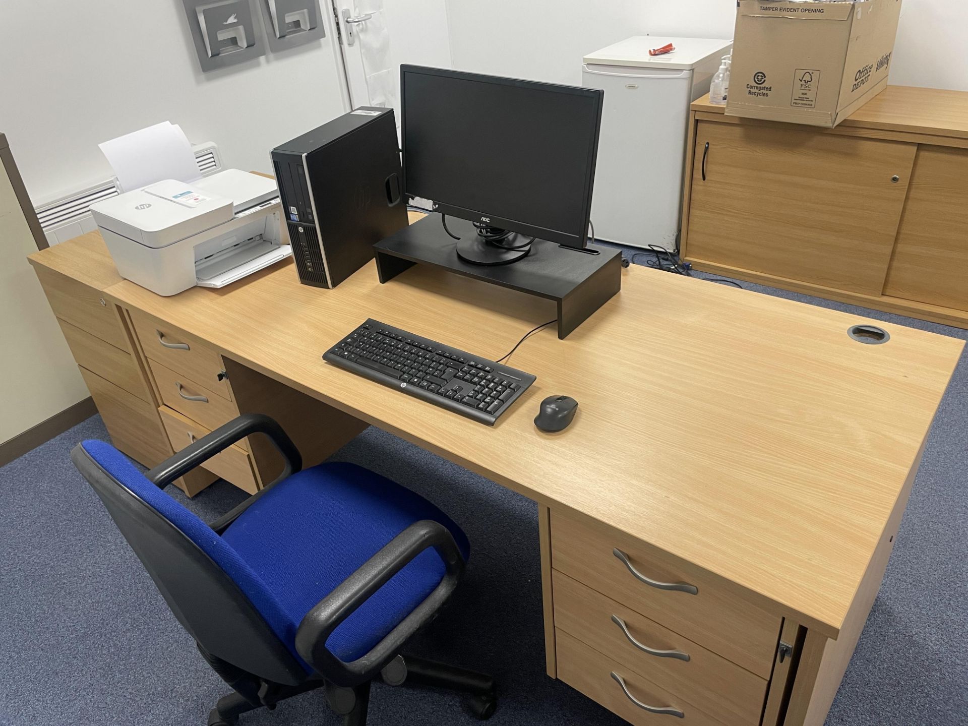 PC and Desk Setup - Office Desk c/w 6 Drawers, Swivel Office Chair, AOC Monitor, Hp Compaq Elite 830