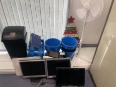Large selection of Office Equipment to include 10 desk bins, large office bin, Freestanding fan, Len