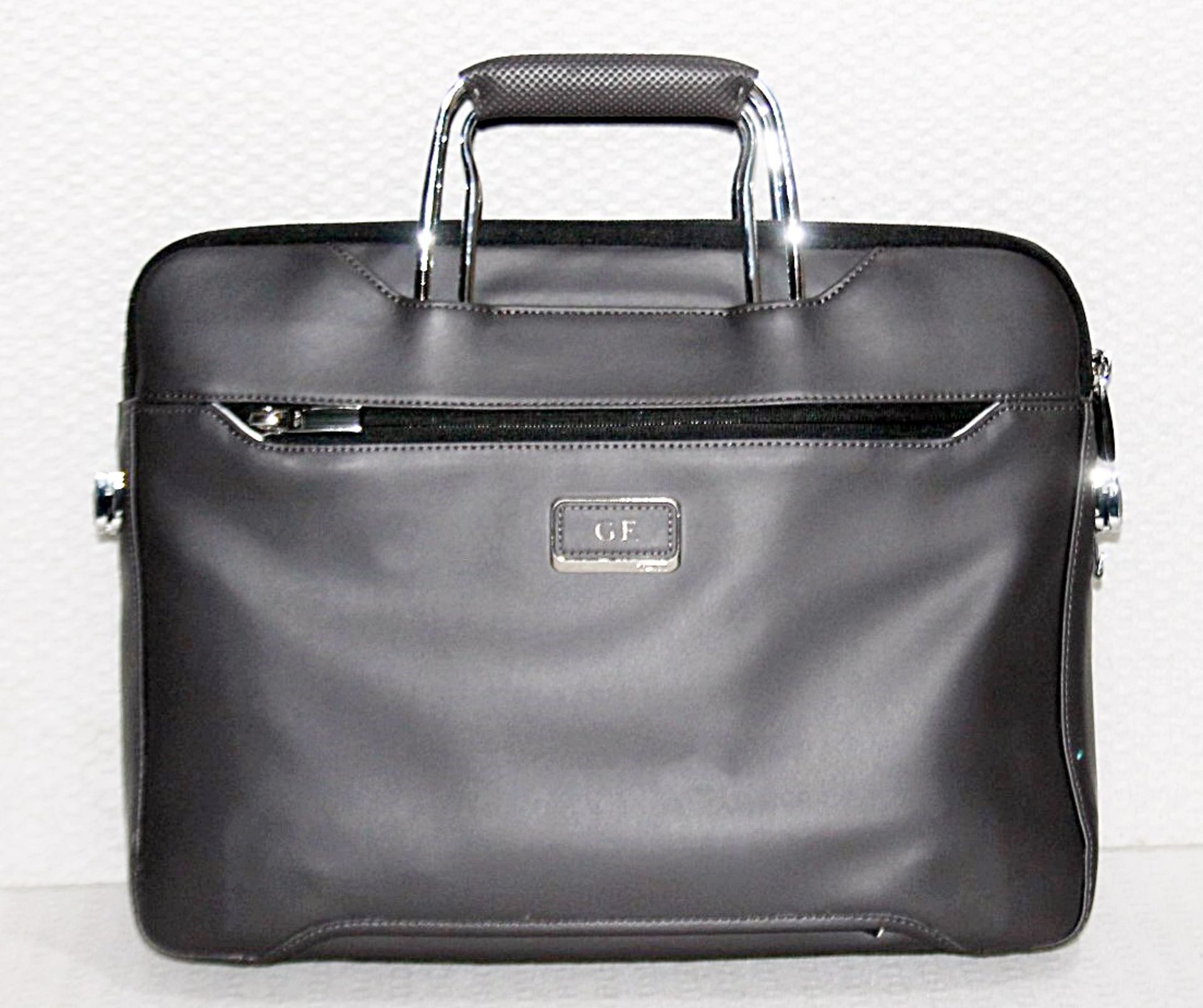 1 x TUMI Luxury Leather Slim Brief Case With Strap In A Taupe / Gunmetal Grey - Original Price £745 - Image 6 of 14