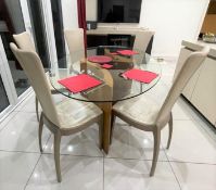 1 x Oval Glass Dining Table With an Abstract Oak Base and Five High Back Leather Dining Chairs!