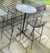 1 x Marbled Stone Topped Outdoor Poser Table With 4 x Wire Barstools With Seat Cushions - From an