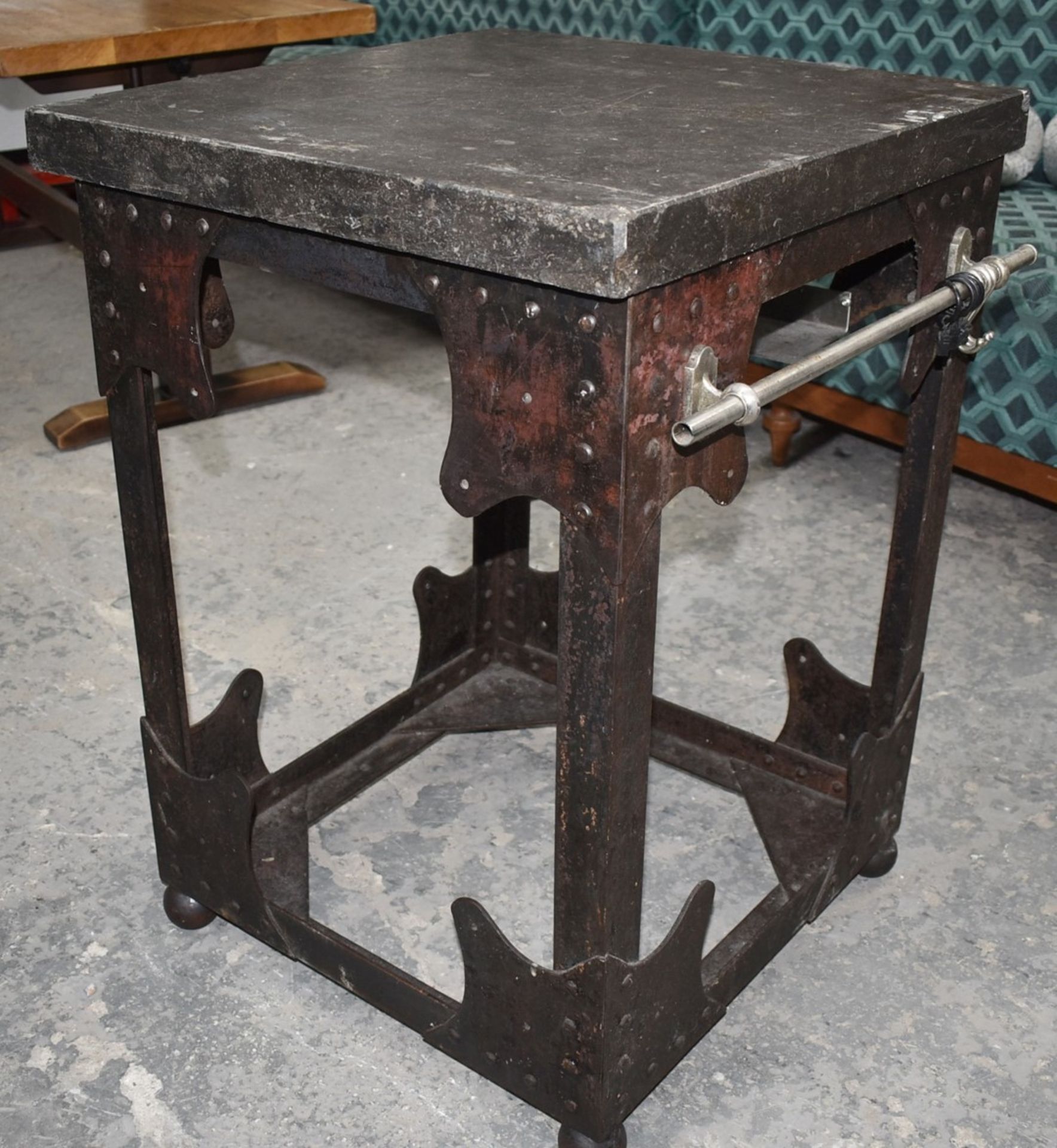 1 x Vintage Butchers Block With Riveted Steel Base, Utensil Hanging Rail and Heavy Stone Block Top - Image 3 of 11