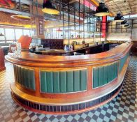 1 x Curved Pub / Restaurant Bar - Approx 23ft - Mahogany Finish and Green Leather Fascia Panels