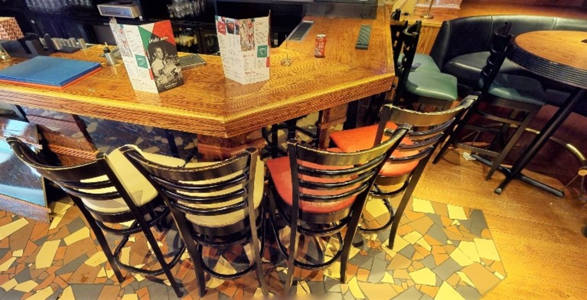 6 x Restaurant Bar Stools - Black Finish With Various Coloured Seat Pads - Image 4 of 5