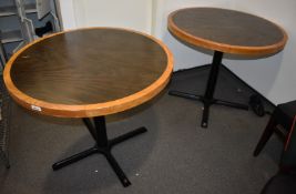 2 x Round Restaurant Tables With a 90cm Diameter - Features a Two Tone Wooden Top and Cast Iron Base