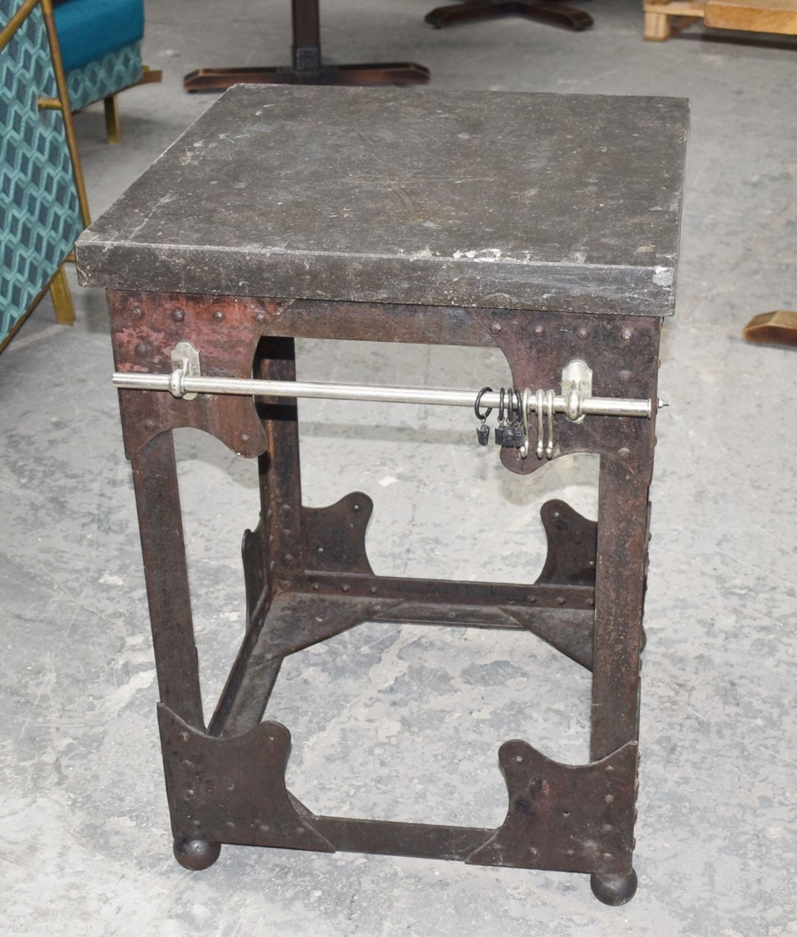 1 x Vintage Butchers Block With Riveted Steel Base, Utensil Hanging Rail and Heavy Stone Block Top