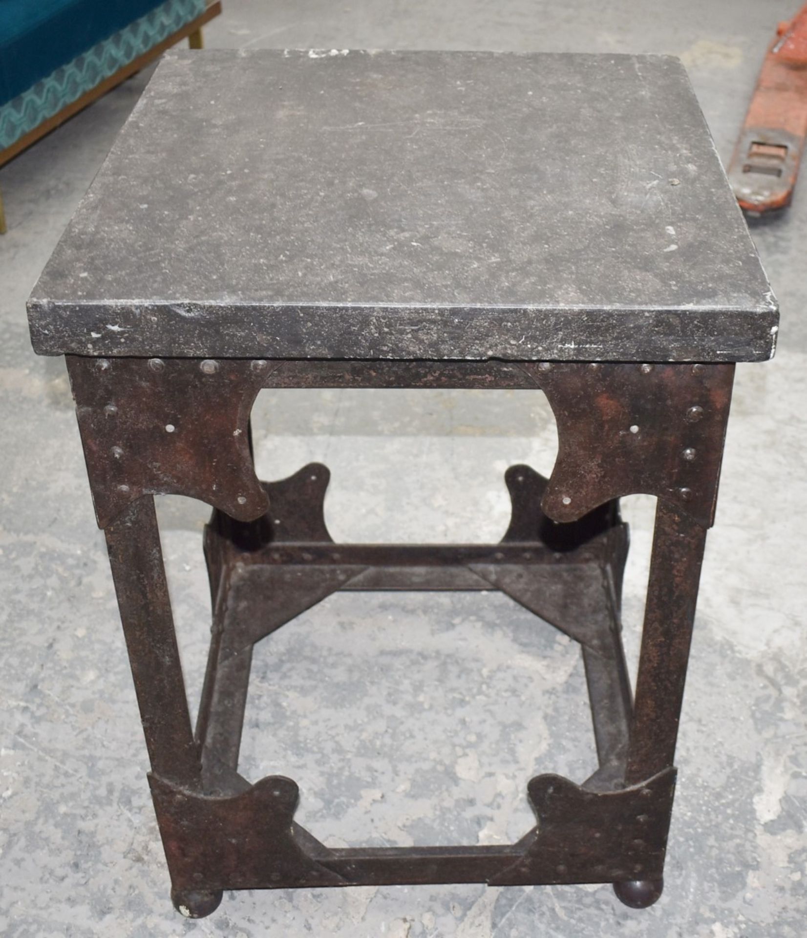 1 x Vintage Butchers Block With Riveted Steel Base, Utensil Hanging Rail and Heavy Stone Block Top - Image 9 of 11