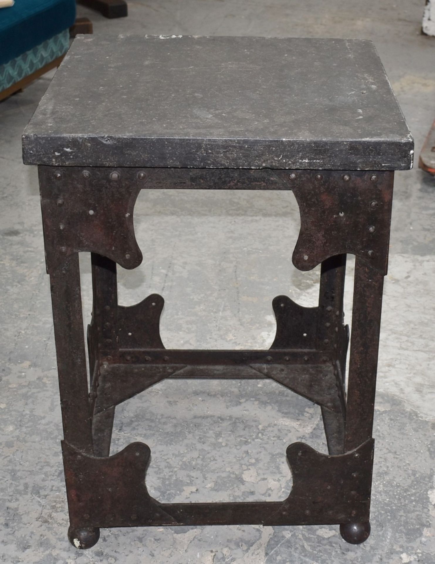 1 x Vintage Butchers Block With Riveted Steel Base, Utensil Hanging Rail and Heavy Stone Block Top - Image 11 of 11