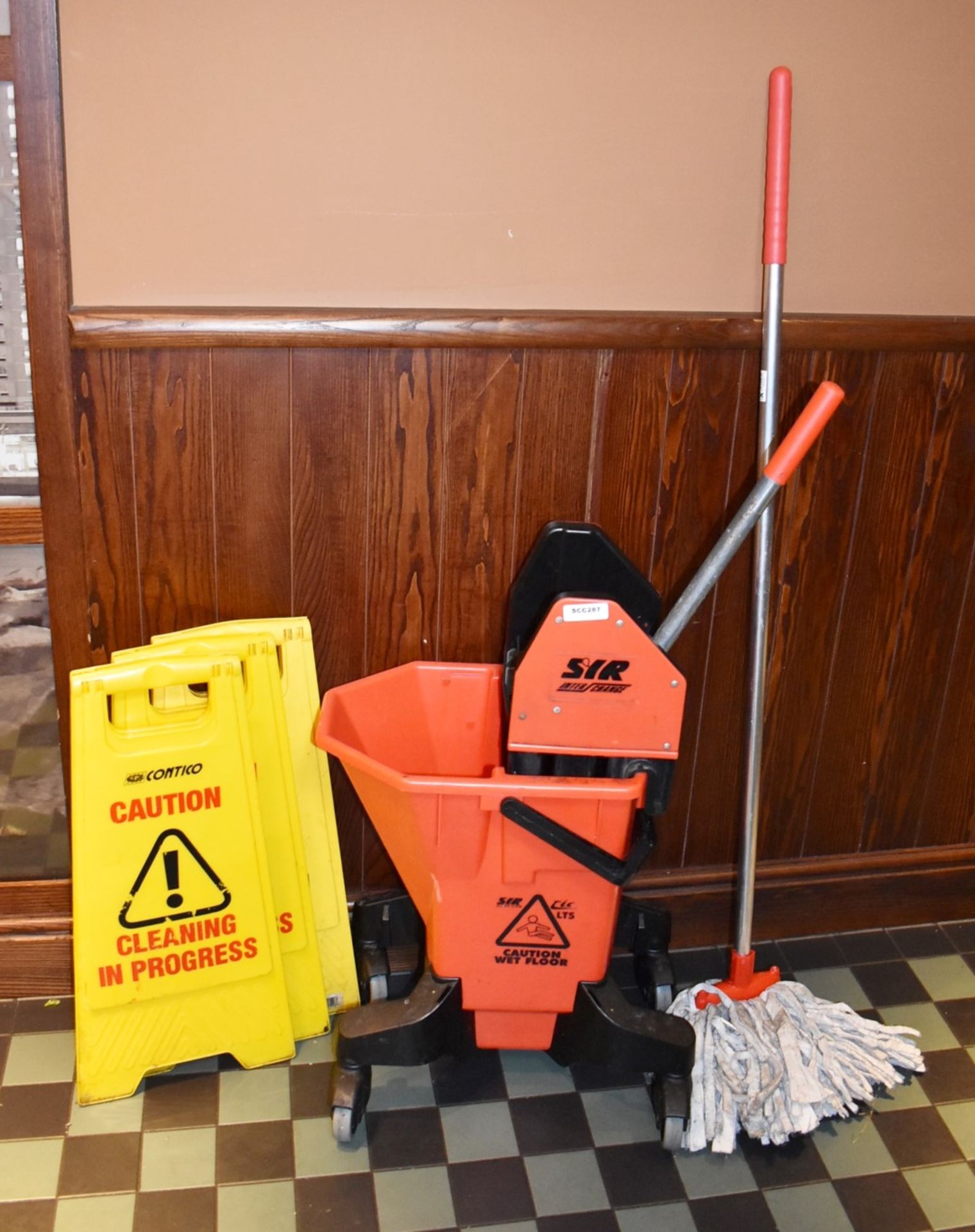 1 x SIR Commercial Mop Bucket With Mop and Three Wet Floor Signs