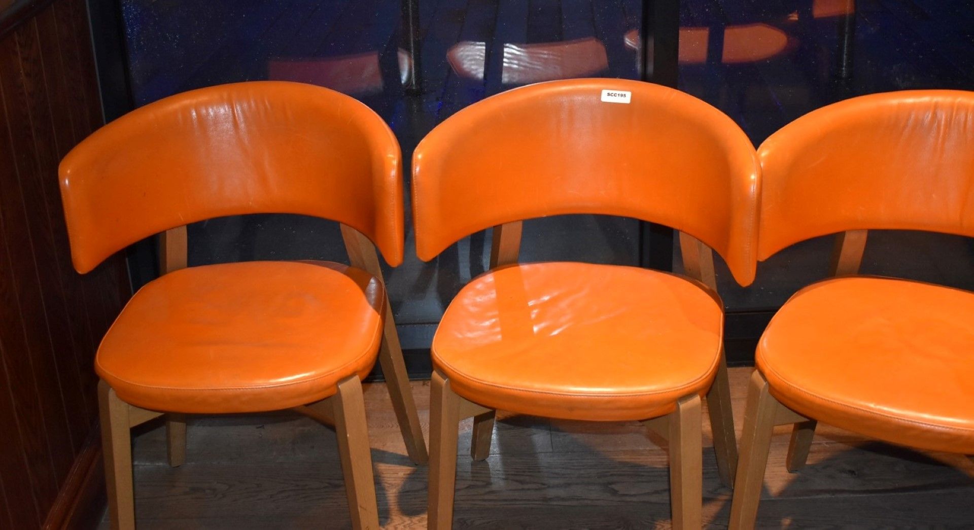 4 x Contemporary Dining Chairs With Beech Frames and Orange Leather Seat Pads and Back Rests - Image 3 of 4