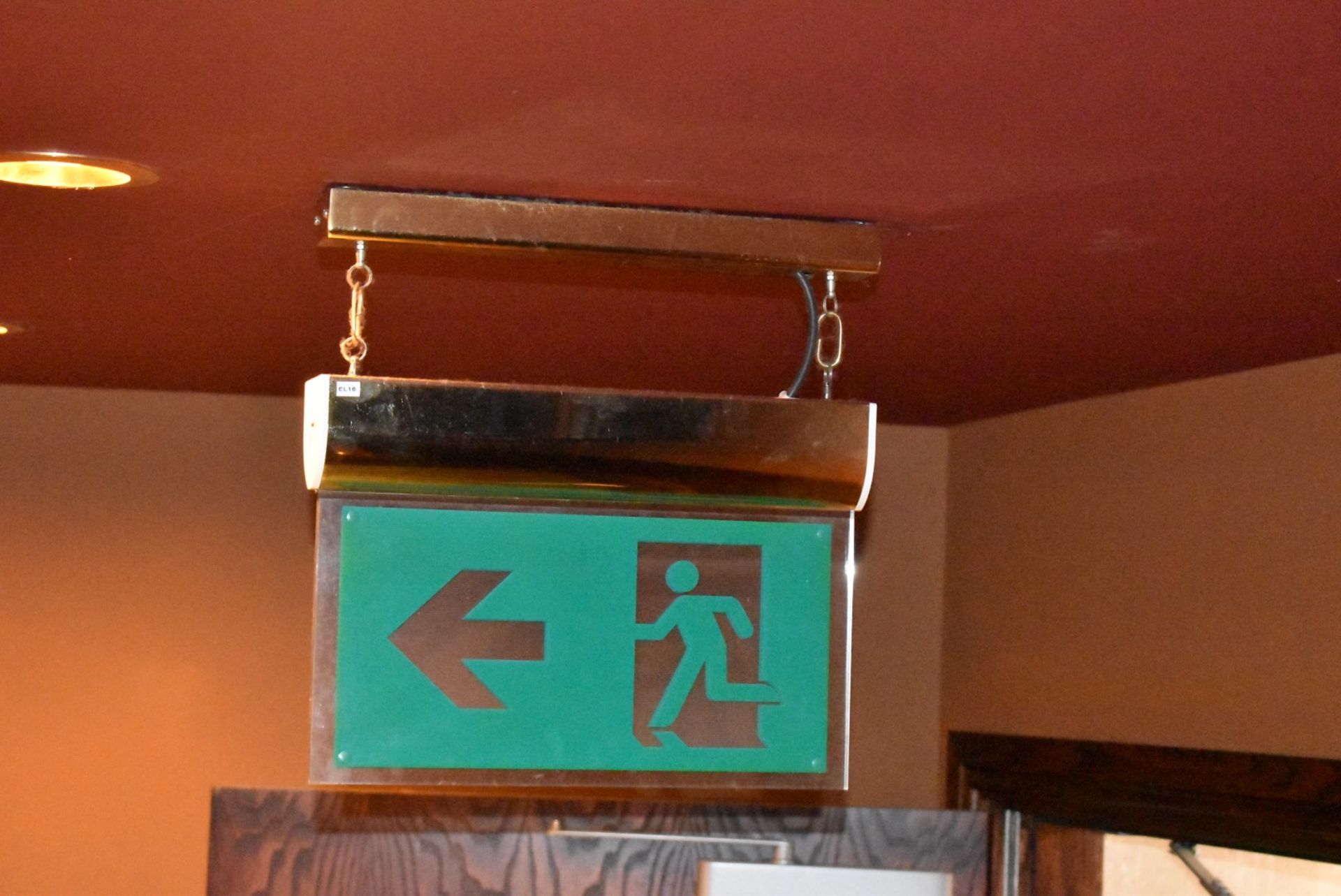 3 x Illuminated Fire Escape Signs With Brass Ceiling Fixtures