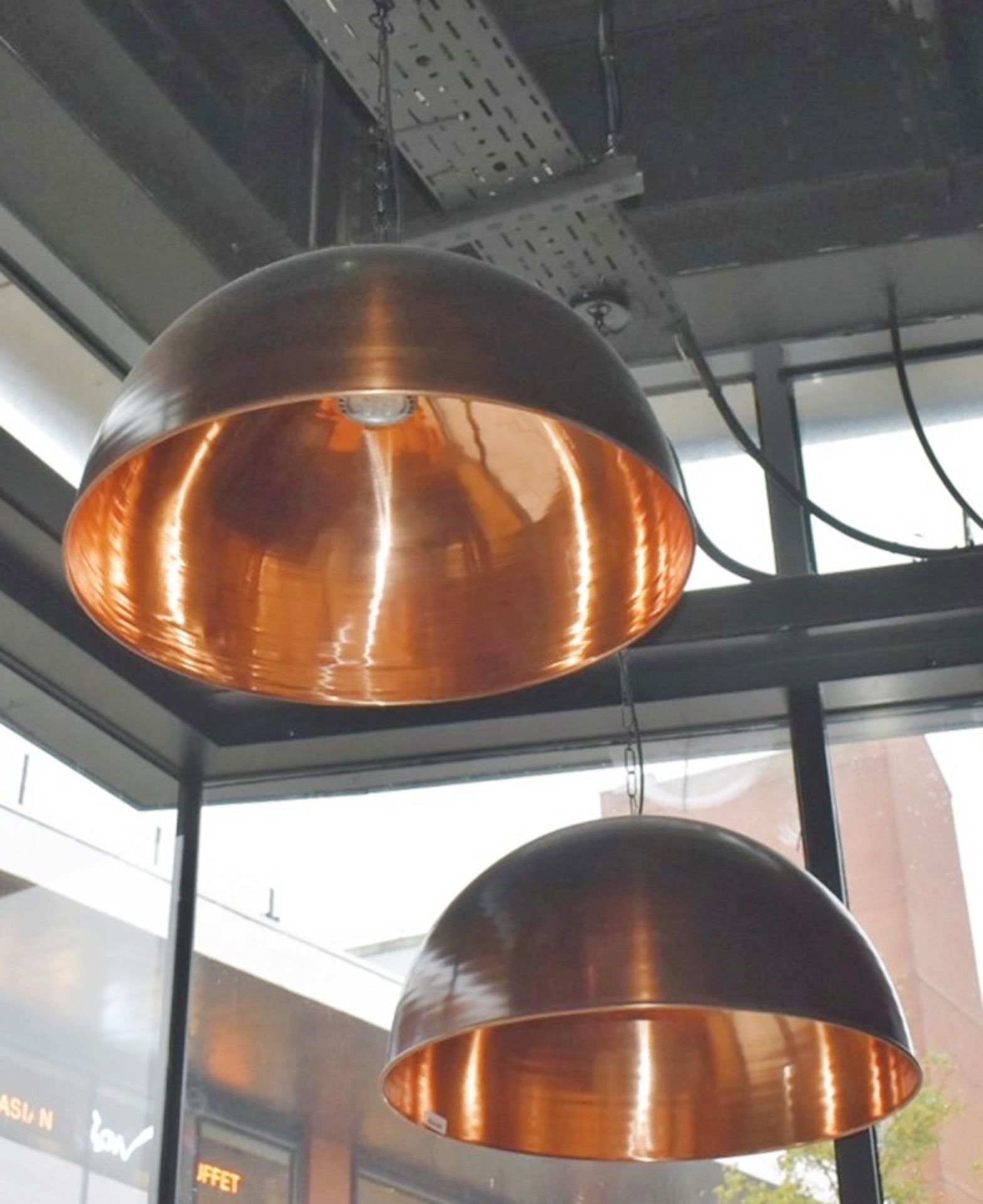 2 x Large Copper Dome Light Pendants - Size: Height 40cms x Diameter 65cms x Drop 50cms