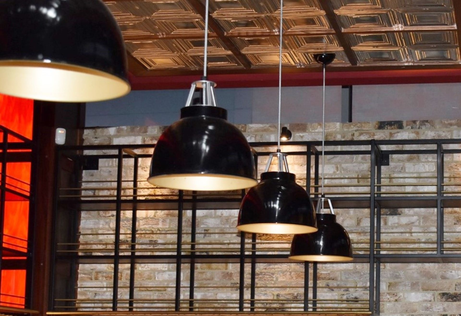 2 x Dome Pendant Light Fittings in Black With Brass Coloured Interior - Approx Drop 120 cms