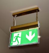 2 x Illuminated Fire Escape Signs With Brass Ceiling Fixtures - From a Popular American Diner -