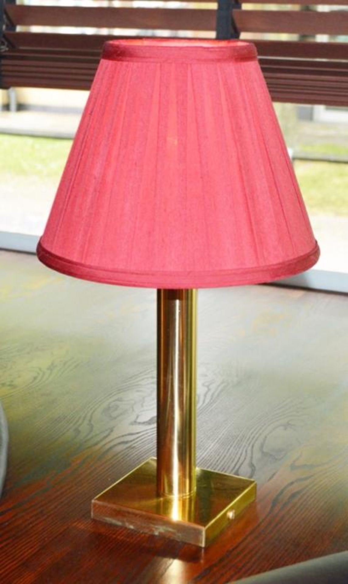 10 x Fixed Table Lamps With a Brass Finish and Red Shades -Total Height 46cms