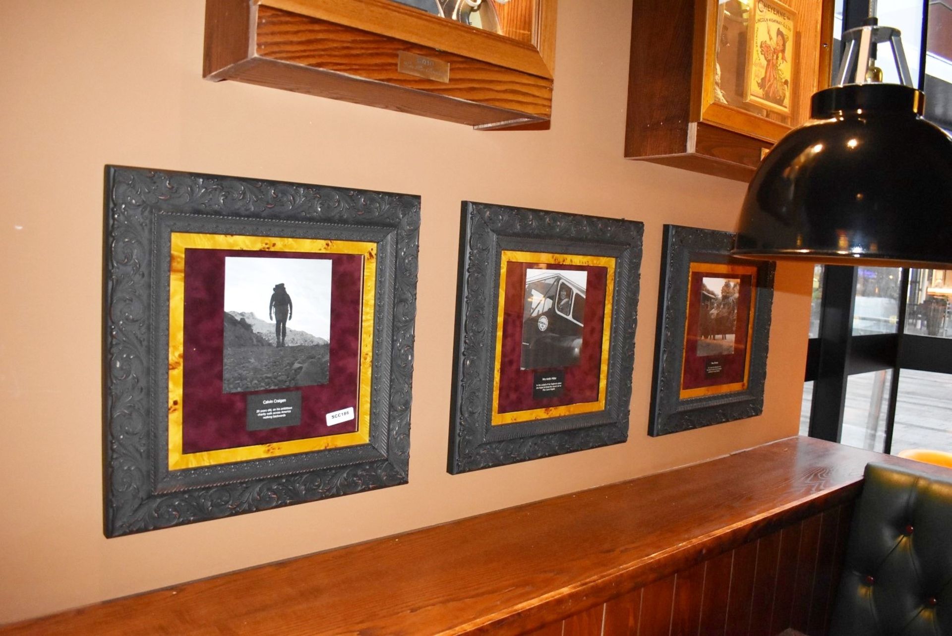 3 x Wall Pictures Depicting Historical American Adventurers in Ornate Frames - Size: 50 x 50 cms