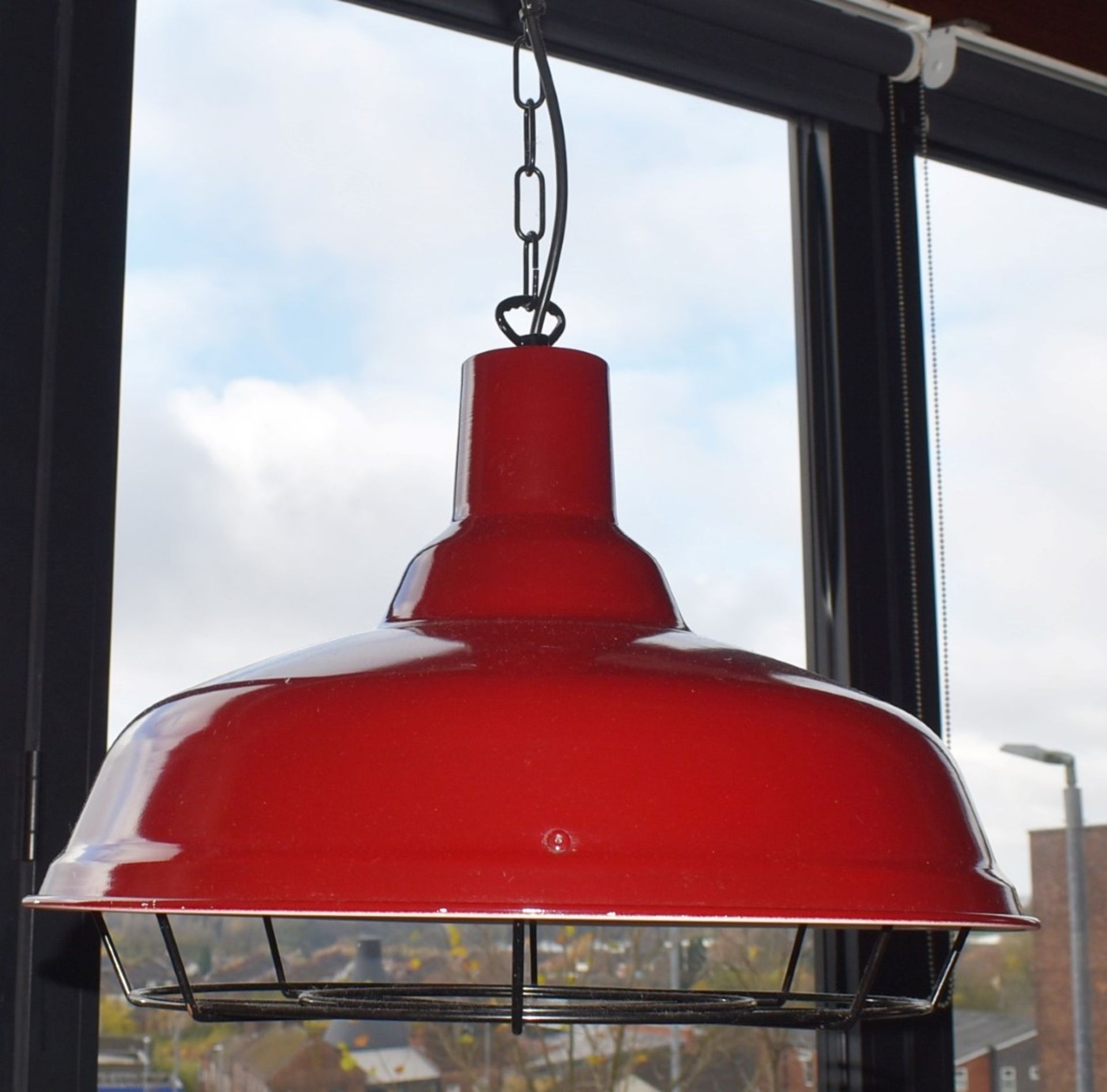 4 x Industrial Style Light Pendants With Cage - Contemporary Red Finish - 45cm Diameter 100cm Drop - Image 5 of 7