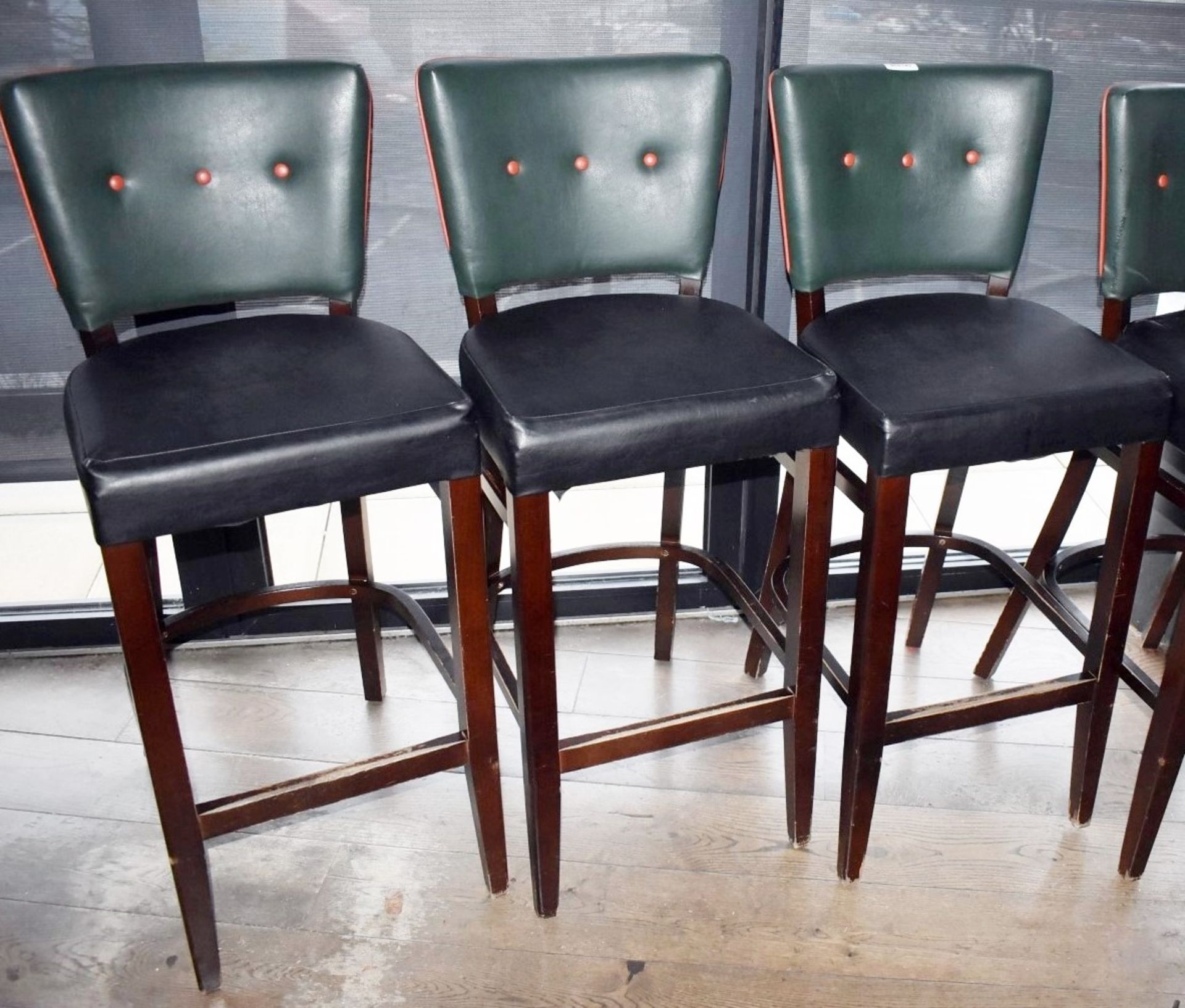 3 x Contemporary Button Back Restaurant Bar Stools - Upholstered in Green & Black Faux Leather - Image 2 of 4