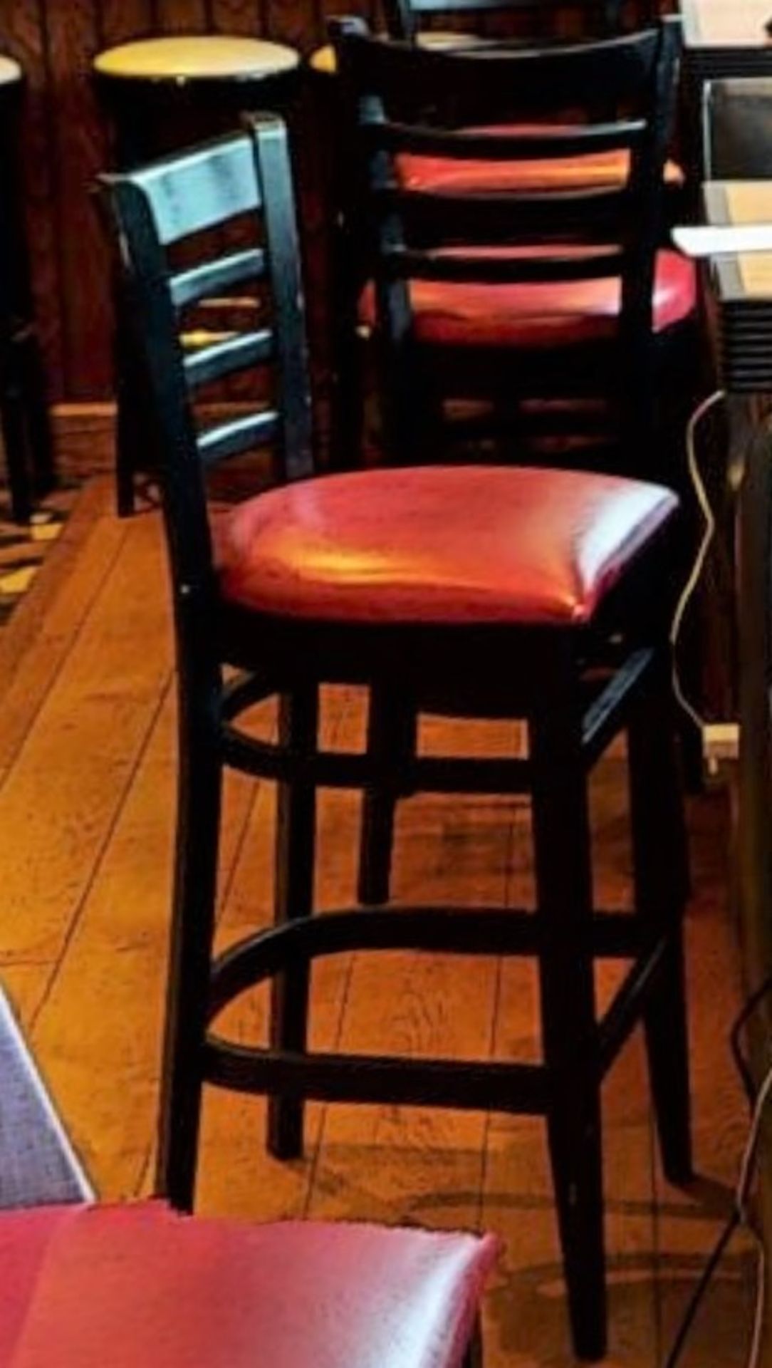 6 x Restaurant Bar Stools - Black Finish With Various Coloured Seat Pads