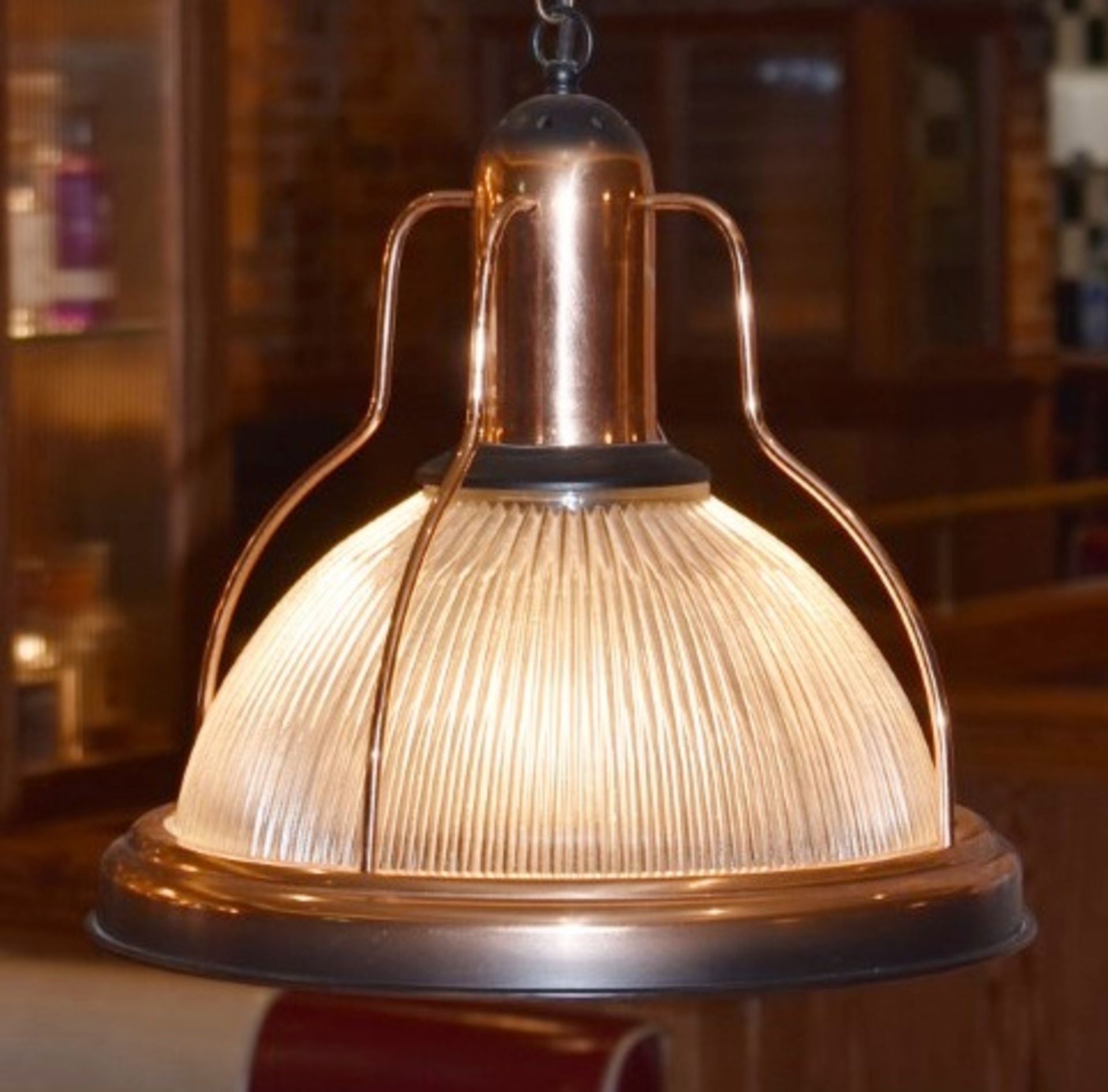 6 x Industrial-style Pendant Light Fittings In Copper With Pleated Glass Shades - Image 2 of 2