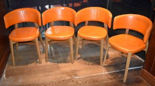 4 x Contemporary Dining Chairs With Beech Frames and Orange Leather Seat Pads and Back Rests