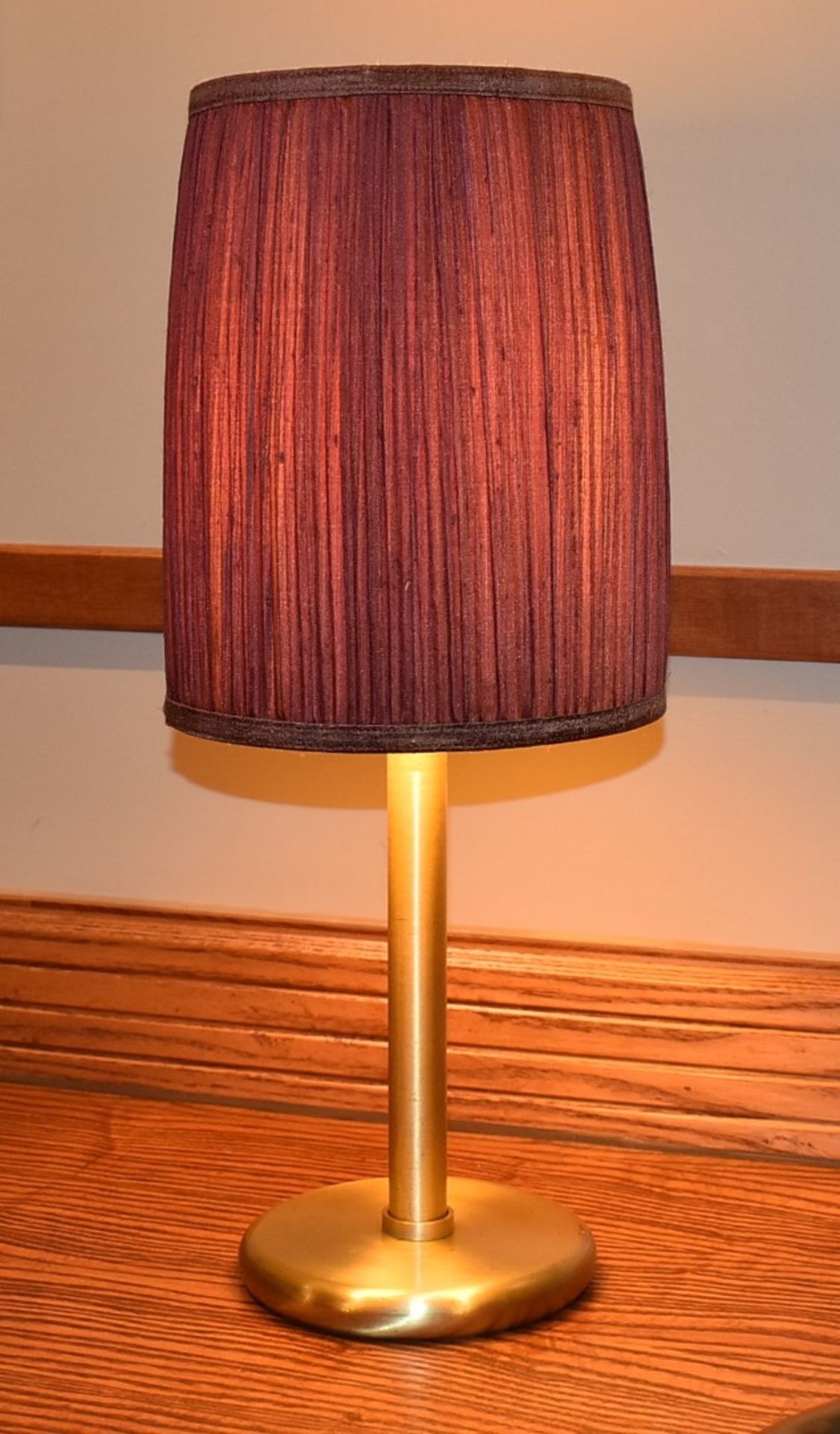 7 x Fixed Table Lamps With a Brass Finish and Burgundy Shades - Dimensions: ⌀23 x H50cm - From a