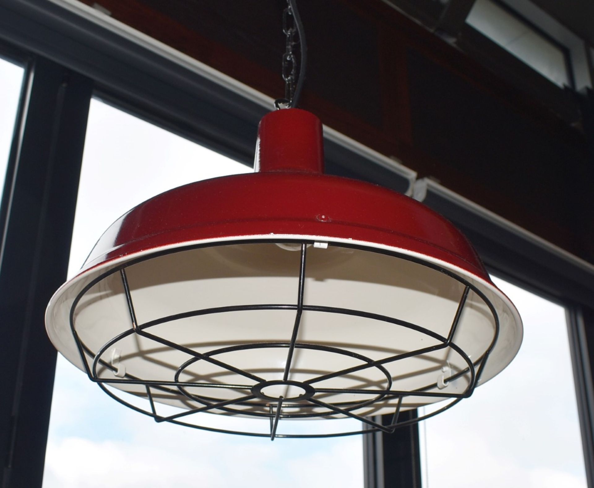 4 x Industrial Style Light Pendants With Cage - Contemporary Red Finish - 45cm Diameter 100cm Drop - Image 6 of 7