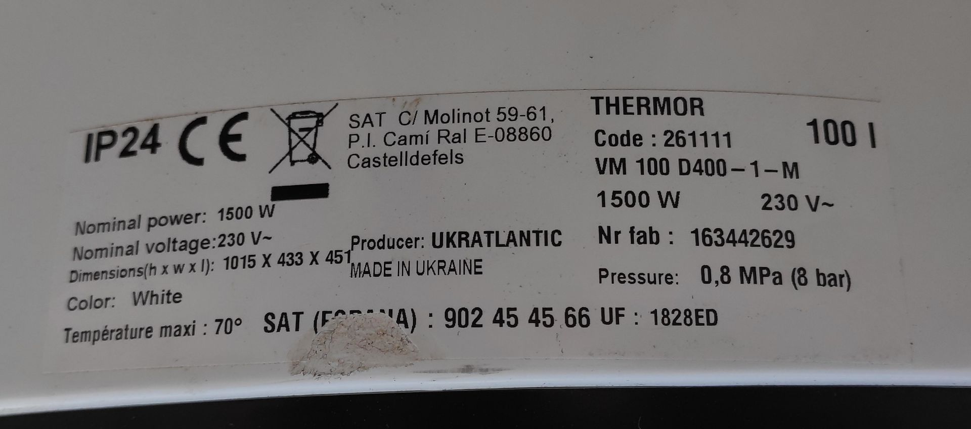 2 x Thermor 261111 100l 1500W Water Cylinders - 1015mm (h) x 433mm (w) x 451mm (d) - JMCS102 - - Image 8 of 10