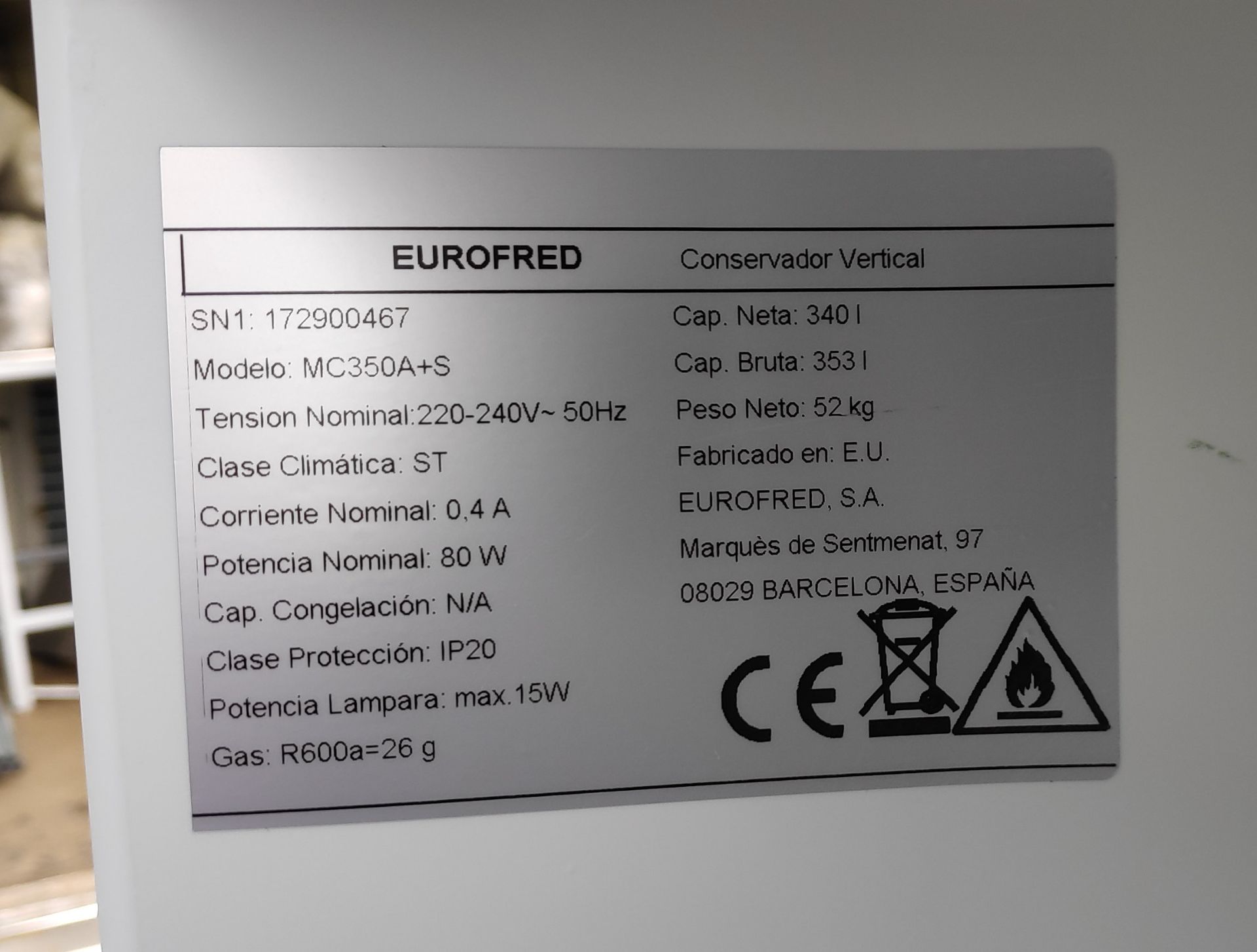 1 x Eurofred 340l Upright Refrigerator - Model MC350A+S - JMCS101 - CL723 - Location: Altrincham - Image 11 of 11