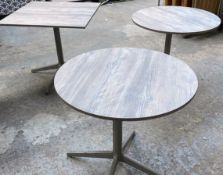15 x Restaurant Dining Tables Featuring Metal Bases and Unused Driftwood Table Tops