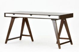 1 x Blue Suntree Ellwood Trestle Desk With a Dark Walnut Finish and Three White Storage Drawers -