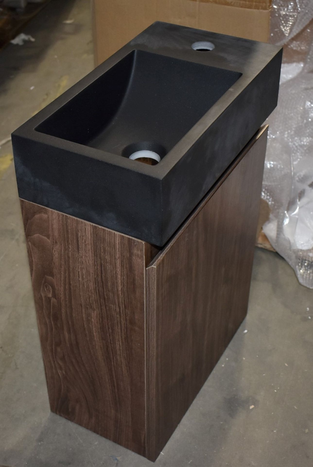 1 x Sjhort Projection Contemporary Wall Mounted Vanity Unit With Wash Basin - Walnut Finish and - Image 2 of 5